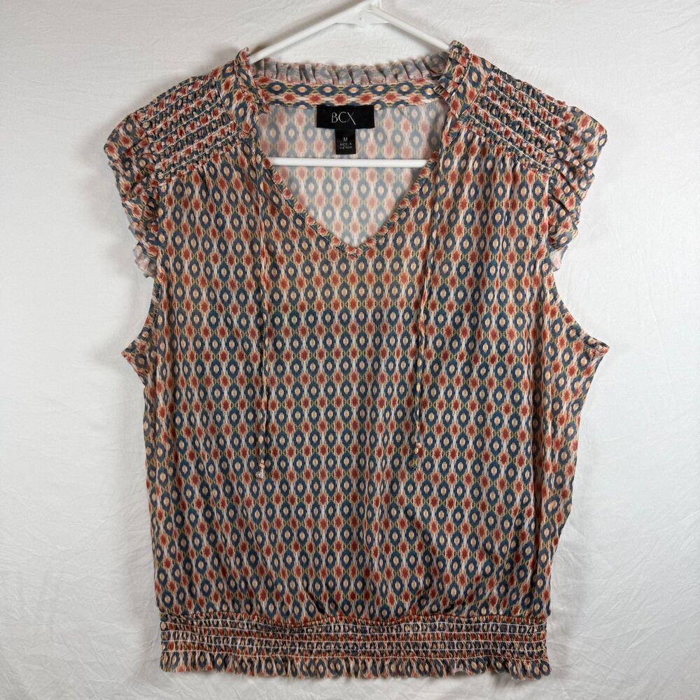 BCX Boho Geometric Print Smocked Cap Sleeve Top Size M
